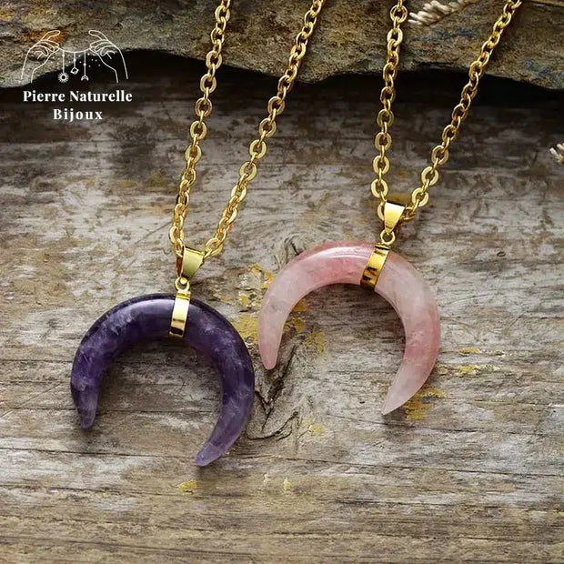 Collier "Lune" en Améthyste / Quartz rose | Colliers | pierre naturelle bijoux