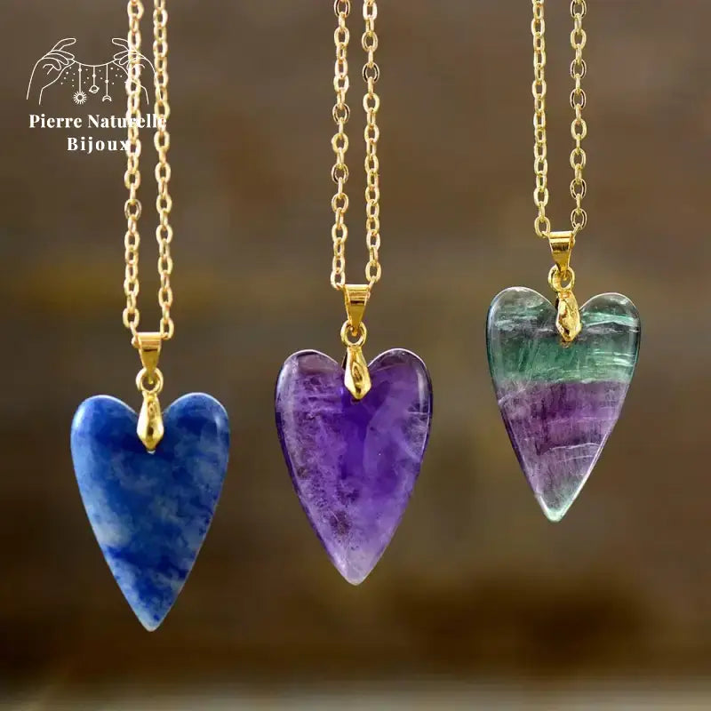Collier "Cœur" en Aventurine bleue / Améthyste / Fluorite | Colliers | pierre naturelle bijoux