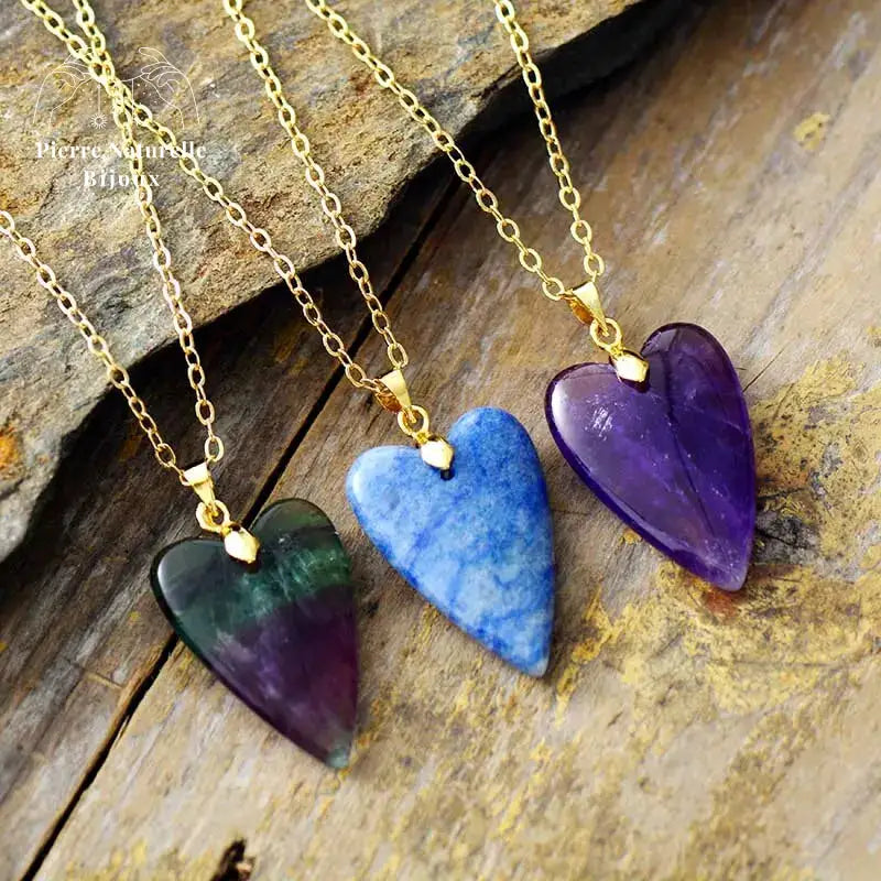 Collier "Cœur" en Aventurine bleue / Améthyste / Fluorite | Colliers | pierre naturelle bijoux