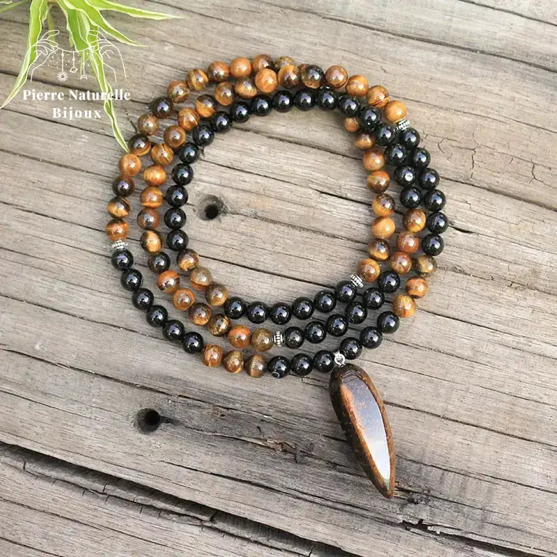 Collier "Absorption" en œil de tigre et Onyx | Colliers | pierre naturelle bijoux