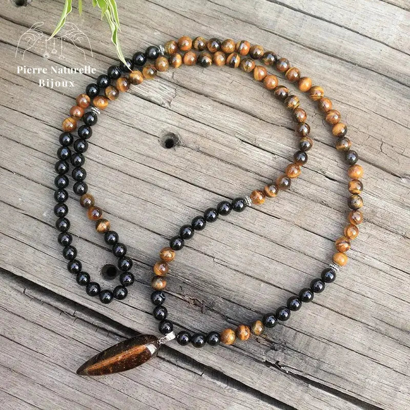 Collier "Absorption" en œil de tigre et Onyx | Colliers | pierre naturelle bijoux