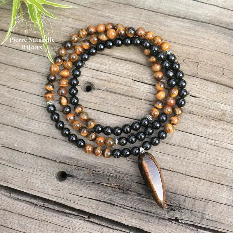 Collier "Absorption" en œil de tigre et Onyx | Colliers | pierre naturelle bijoux