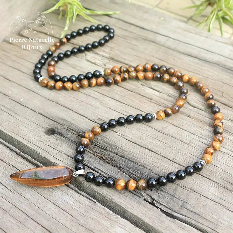 Collier "Absorption" en œil de tigre et Onyx | Colliers | pierre naturelle bijoux