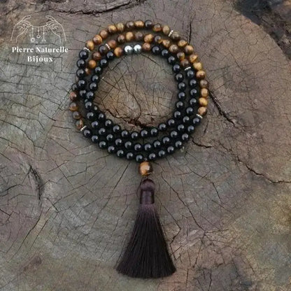 Collier "Optimisme" en il de tigre, Onyx et Hématite