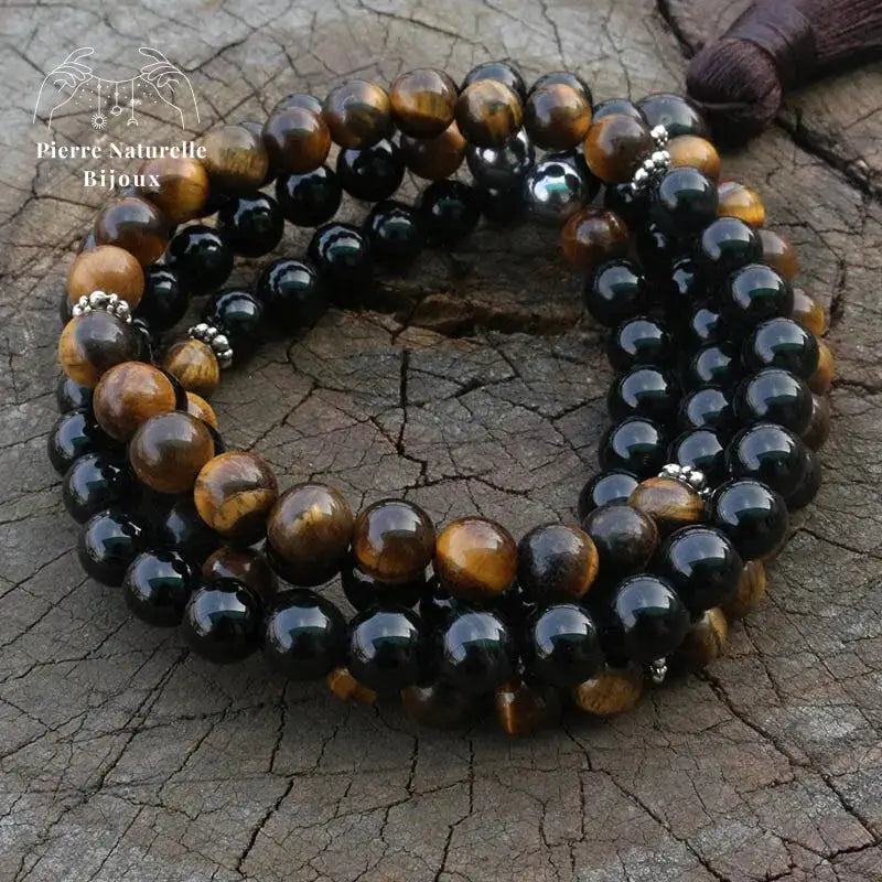 Collier "Optimisme" en œil de tigre, Onyx et Hématite | Colliers | pierre naturelle bijoux