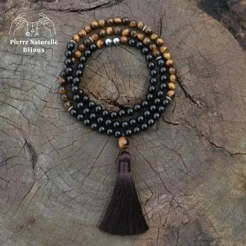 Collier "Optimisme" en il de tigre, Onyx et Hématite
