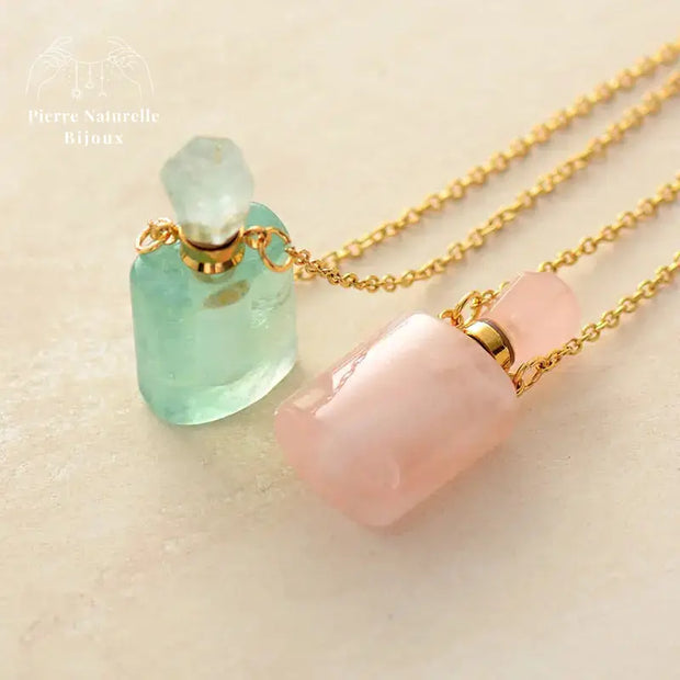 Collier diffuseur de parfum en Quartz rose / Aventurine verte | Colliers | pierre naturelle bijoux