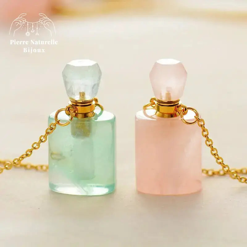 Collier diffuseur de parfum en Quartz rose / Aventurine verte | Colliers | pierre naturelle bijoux