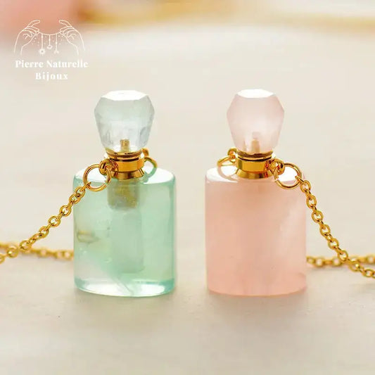 Collier diffuseur de parfum en Quartz rose / Aventurine verte | Colliers | pierre naturelle bijoux