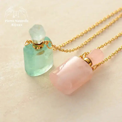 Collier diffuseur de parfum en Quartz rose / Aventurine verte | Colliers | pierre naturelle bijoux